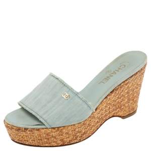 Chanel Blue Fabric Open Toe Raffia Wedge Platform Slide Sandals Size 39