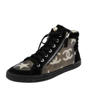 Pre Owned Chanel Black/Grey Suede And Leather CC Double Zip Accent High Top Sneakers Size 40