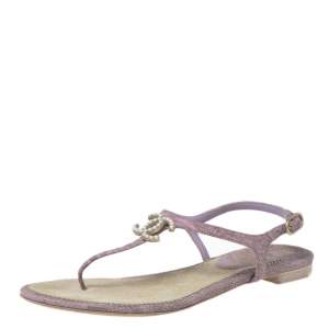 Chanel Lilac Croc Embossed Leather CC Logo Thong Sandals Size 36.5