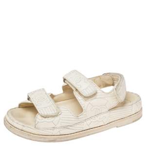 Chanel Cream Quilted Leather CC Velcro Flat Sandals Size 36