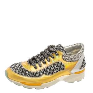Chanel Multicolor Tweed And Leather Lace Up Sneakers Size 37