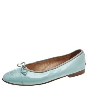 Chanel Light Green Patent Leather Bow CC Cap Toe Ballet Flats Size 39.5