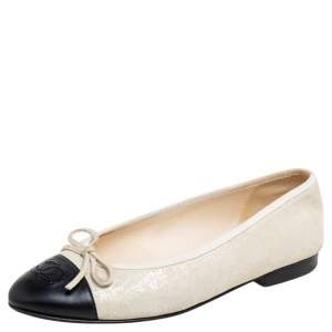 مملوكة مسبقًا Chanel Grey/Black Glitter Suede And Leather CC Cap Toe Bow Ballet Flats Size 37