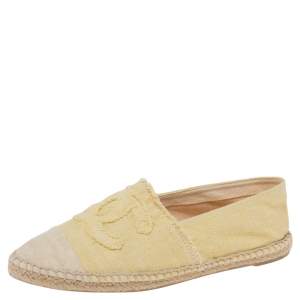 Pre Owned Chanel Yellow/Beige Canvas CC Cap Toe Espadrille Flats Size 38