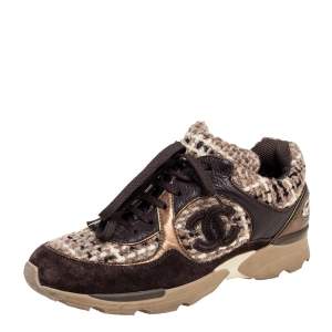 مملوكة مسبقًا Chanel Brown Tweed And Leather Low Top Sneakers Size 38