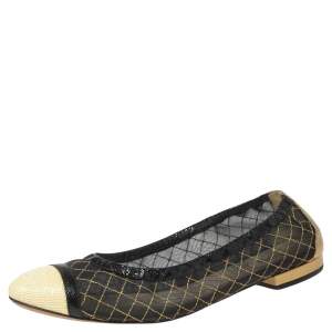 Pre Owned Chanel Tricolor Patent Leather And Mesh CC Cap Toe Ballet Flats Size 37