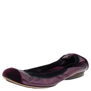 Chanel Black/Purple Velvet and Leather Scrunch CC Cap Toe Ballet Flats Size 34.5