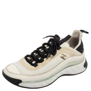 Pre Owned Chanel White/Black Fabric And Suede CC Low Top Sneakers Size Size 38.5