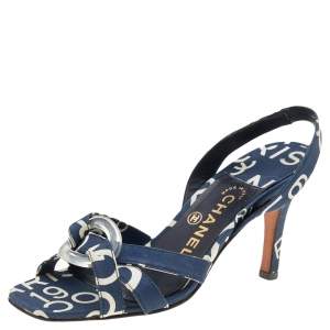 Chanel White/Blue Printed Canvas Cross Strap Slingback Sandals Size 36.5