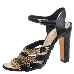مملوكة مسبقًا Chanel Black Leather CC Chain Link Ankle Strap Sandals Size 36