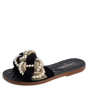 مملوكة مسبقًا Chanel Multicolor Rope With Faux Pearls Cuba Flat Slides Size 37