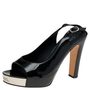 مملوكة مسبقًا Chanel Black Patent Leather Slingback Platform Sandals Size 38.5