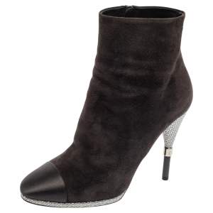 Chanel Tricolor Suede And Satin CC Cap Toe Ankle Boots Size 38.5