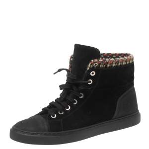 Pre Owned Chanel Black Suede and Tweed High-Top Sneakers Size 40
