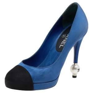 مملوكة مسبقًا Chanel Blue/Black Satin Pearl Embellished Heel Pumps Size 36.5
