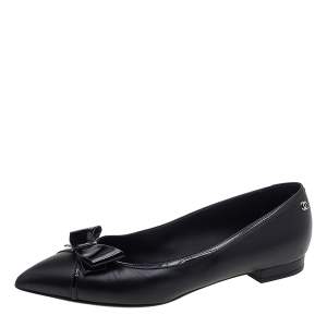 Pre Owned Chanel Black Patent and Leather Bow Ballet Flats Size 40.5