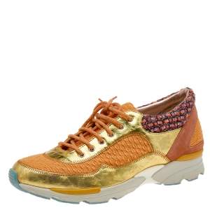 Pre Owned Chanel Multicolor Tweed Fabric And Patent Leather CC Lace Up Sneakers Size 38