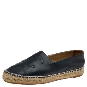Pre Owned Chanel Black Leather CC Cap Toe Espadrille Flats Size 36