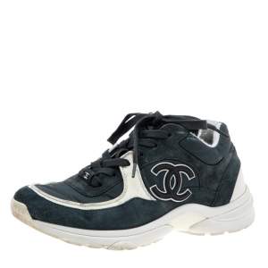 Pre Owned Chanel Grey/White Suede And Nylon CC Low Top Sneakers Size 37.5