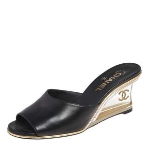 Chanel Black Leather CC Slide Wedge Sandals Size 39.5