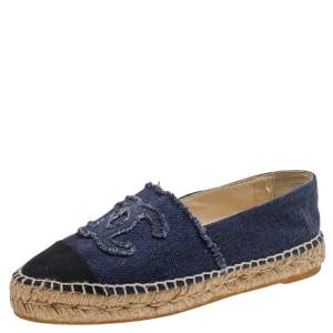 مملوكة مسبقًا Chanel Blue/Black Denim CC Cap Toe Espadrille Flats Size 37