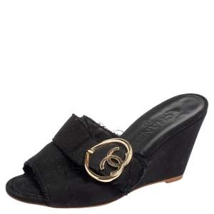 Chanel Black Canvas CC Heart Buckle Wedge Slide Sandals Size 37