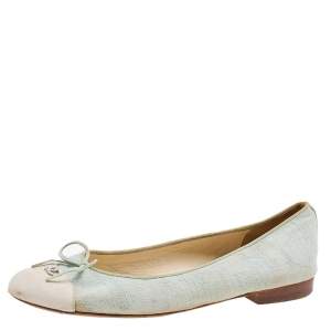 Chanel Mint Green/White Fabric CC Cap Toe Ballet Flats Size 39