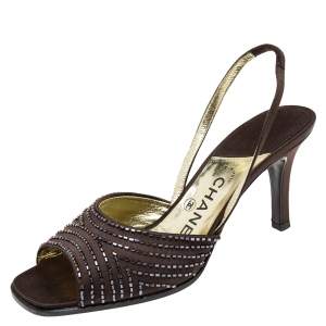 Chanel Brown Satin Slingback Sandals Size 38