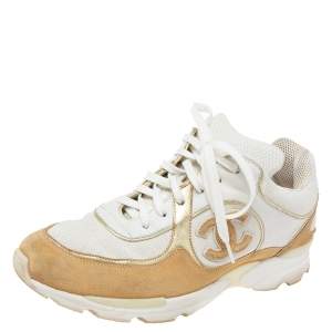 Pre Owned حذاء رياضي شانيل عنق منخفض سي سي سويدي وجلد وكانفاس ثلاثي اللون مقاس 38.5