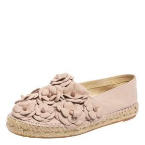 Pre Owned Chanel Dusty Pink Leather CC Camellia Flat Espadrilles Size 38