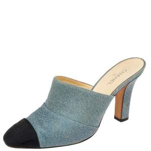 Chanel Blue/Black Denim and Fabric CC Cap Toe Mules Size 38
