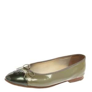 Chanel Two-Tone Patent Leather CC Cap Toe Bow Ballet Flats Size 40