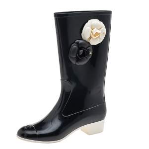 Chanel Black Rubber Camellia Rain Boots Size 38