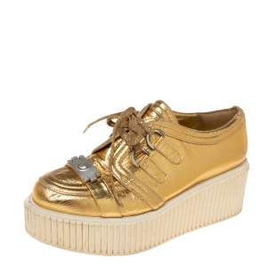 Chanel Metallic Gold Distressed Foil Leather Creepers Platform Sneakers Size 40