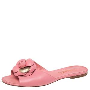 Chanel Pink Leather Camellia  Flat Sandals Size 41