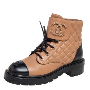 Chanel  Brown/Black Quilted Leather CC Cap Toe Chain Link Logo Combat Boots Size 39.5