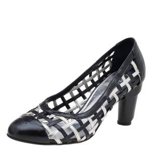 Chanel Black/Silver Woven Leather Block Heel Pumps Size 38.5