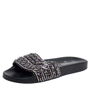 مملوكة مسبقًا Chanel Black Tweed Tropiconic Chain Flat Slides Size 39