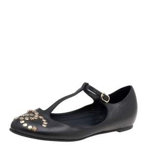 Chanel Black Leather CC Embellished T Strap Ballet Flats Size 35.5