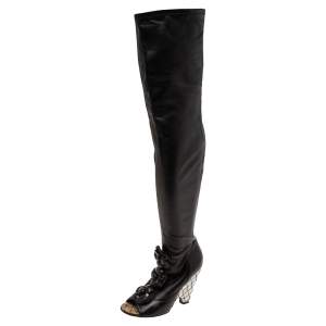 Chanel Black Leather Camellia Wedge Over The Knee Boots Size 38.5
