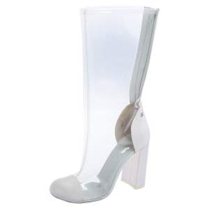 Chanel White PVC And Canvas Midcalf Boots Size 38.5
