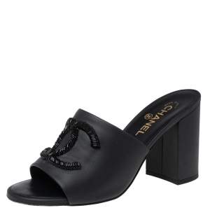 Chanel Black Leather Embellished CC Slide Sandals Size 40
