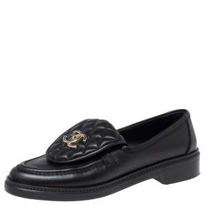 Pre Owned Chanel Black Leather and Quilted Flap Turn Lock CC Loafers Size 38