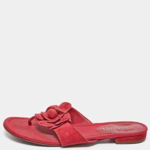 Chanel Hot Pink Suede Camellia Flat Thong Sandals Size 38