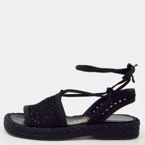 Chanel Black Crochet And Fabric Flat Espadrille Ankle Tie Sandals Size 36