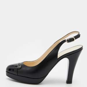 Pre Owned Chanel Black Patent And Leather CC Cap Toe Slingback Sandals Size 37