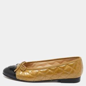 Pre Owned Chanel Black/Gold Quilted Patent CC Bow Ballet Flats Size 36.5