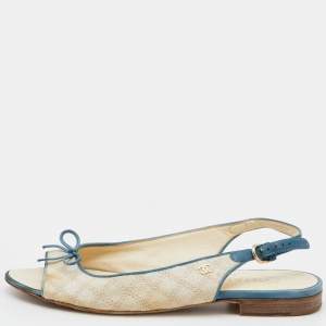 Chanel Cream/Blue Leather And Canvas CC Bow Slingback Flat Sandals Size 39