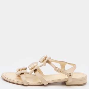 Chanel Cream Leather Pearl Embellished Bow CC Ankle Strap Flat Sandals Size 37.5