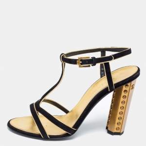 مملوكة مسبقًا Chanel Black/Gold Suede And Leather Ankle Strap Sandals Size 38.5